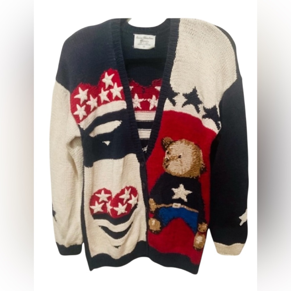 Vtg Marisa Christina Cardigan Sweater Sz M Teddy Bear Hearts USA Flag Patriotic